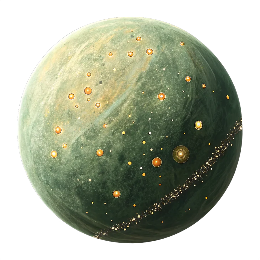 The world of Heppy, a sage-green planet scattered with hundreds of small warm lights